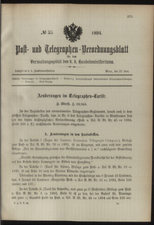 Post- und Telegraphen-Verordnungsblatt für das Verwaltungsgebiet des K.-K. Handelsministeriums 18940622 Seite: 1