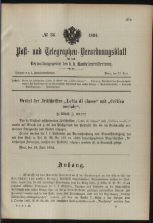 Post- und Telegraphen-Verordnungsblatt für das Verwaltungsgebiet des K.-K. Handelsministeriums 18940623 Seite: 1