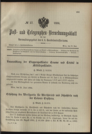 Post- und Telegraphen-Verordnungsblatt für das Verwaltungsgebiet des K.-K. Handelsministeriums 18940628 Seite: 1