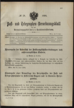 Post- und Telegraphen-Verordnungsblatt für das Verwaltungsgebiet des K.-K. Handelsministeriums 18940630 Seite: 1