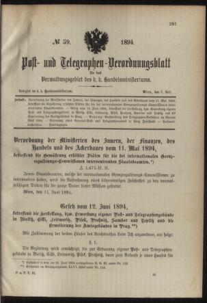 Post- und Telegraphen-Verordnungsblatt für das Verwaltungsgebiet des K.-K. Handelsministeriums 18940703 Seite: 1