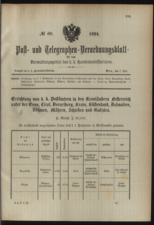 Post- und Telegraphen-Verordnungsblatt für das Verwaltungsgebiet des K.-K. Handelsministeriums 18940706 Seite: 1