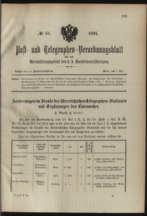 Post- und Telegraphen-Verordnungsblatt für das Verwaltungsgebiet des K.-K. Handelsministeriums 18940707 Seite: 1