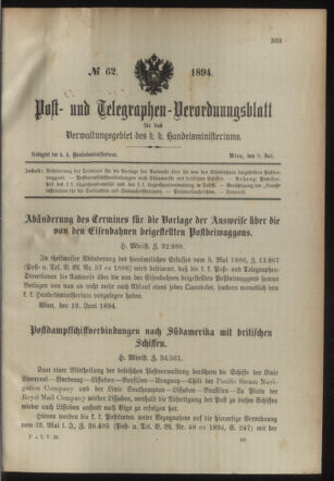 Post- und Telegraphen-Verordnungsblatt für das Verwaltungsgebiet des K.-K. Handelsministeriums 18940709 Seite: 1