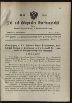 Post- und Telegraphen-Verordnungsblatt für das Verwaltungsgebiet des K.-K. Handelsministeriums 18940712 Seite: 1