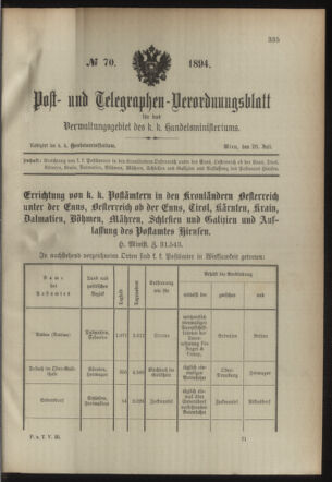 Post- und Telegraphen-Verordnungsblatt für das Verwaltungsgebiet des K.-K. Handelsministeriums 18940726 Seite: 1