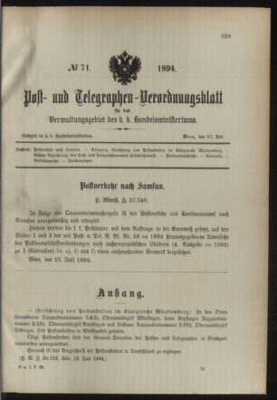 Post- und Telegraphen-Verordnungsblatt für das Verwaltungsgebiet des K.-K. Handelsministeriums 18940730 Seite: 1