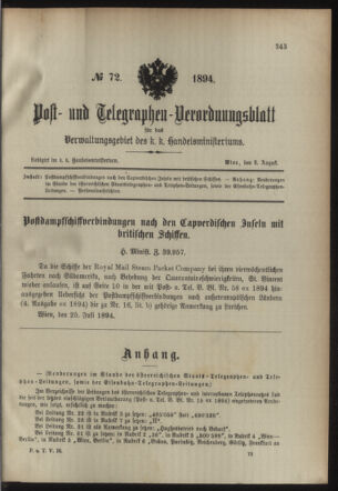 Post- und Telegraphen-Verordnungsblatt für das Verwaltungsgebiet des K.-K. Handelsministeriums 18940803 Seite: 1