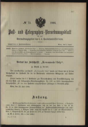 Post- und Telegraphen-Verordnungsblatt für das Verwaltungsgebiet des K.-K. Handelsministeriums 18940804 Seite: 1