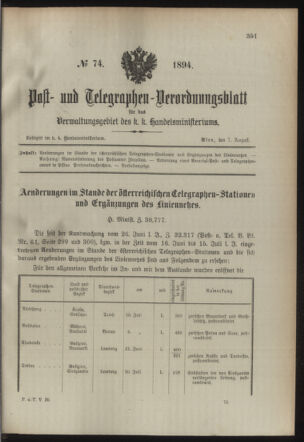 Post- und Telegraphen-Verordnungsblatt für das Verwaltungsgebiet des K.-K. Handelsministeriums 18940807 Seite: 1