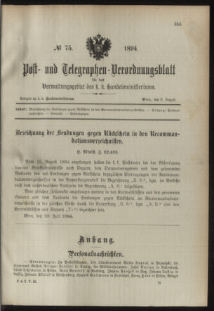 Post- und Telegraphen-Verordnungsblatt für das Verwaltungsgebiet des K.-K. Handelsministeriums 18940808 Seite: 1