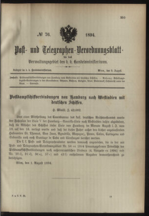 Post- und Telegraphen-Verordnungsblatt für das Verwaltungsgebiet des K.-K. Handelsministeriums