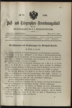 Post- und Telegraphen-Verordnungsblatt für das Verwaltungsgebiet des K.-K. Handelsministeriums 18940822 Seite: 1