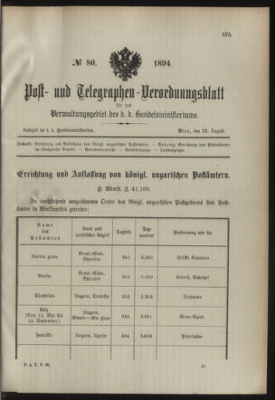 Post- und Telegraphen-Verordnungsblatt für das Verwaltungsgebiet des K.-K. Handelsministeriums 18940823 Seite: 1