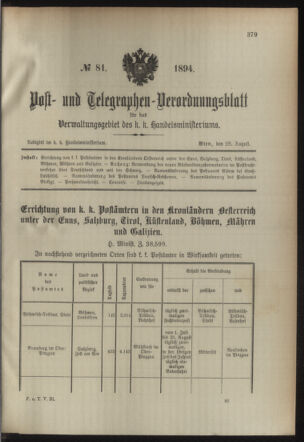 Post- und Telegraphen-Verordnungsblatt für das Verwaltungsgebiet des K.-K. Handelsministeriums