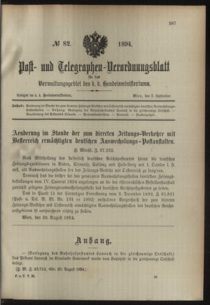 Post- und Telegraphen-Verordnungsblatt für das Verwaltungsgebiet des K.-K. Handelsministeriums 18940903 Seite: 1