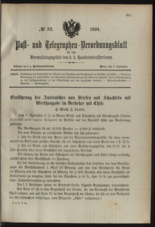 Post- und Telegraphen-Verordnungsblatt für das Verwaltungsgebiet des K.-K. Handelsministeriums 18940905 Seite: 1