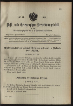 Post- und Telegraphen-Verordnungsblatt für das Verwaltungsgebiet des K.-K. Handelsministeriums 18940907 Seite: 1