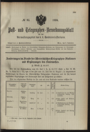 Post- und Telegraphen-Verordnungsblatt für das Verwaltungsgebiet des K.-K. Handelsministeriums 18940908 Seite: 1