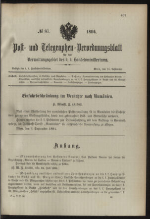 Post- und Telegraphen-Verordnungsblatt für das Verwaltungsgebiet des K.-K. Handelsministeriums