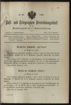 Post- und Telegraphen-Verordnungsblatt für das Verwaltungsgebiet des K.-K. Handelsministeriums 18940925 Seite: 1