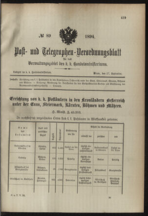 Post- und Telegraphen-Verordnungsblatt für das Verwaltungsgebiet des K.-K. Handelsministeriums 18940927 Seite: 1