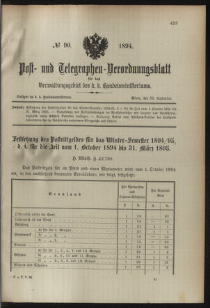 Post- und Telegraphen-Verordnungsblatt für das Verwaltungsgebiet des K.-K. Handelsministeriums 18940929 Seite: 1