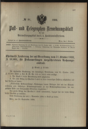 Post- und Telegraphen-Verordnungsblatt für das Verwaltungsgebiet des K.-K. Handelsministeriums 18941001 Seite: 1