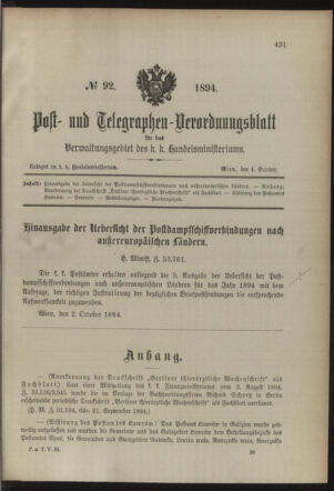 Post- und Telegraphen-Verordnungsblatt für das Verwaltungsgebiet des K.-K. Handelsministeriums 18941004 Seite: 1