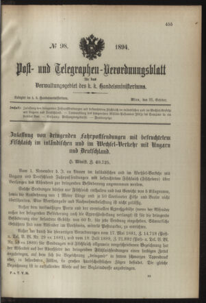 Post- und Telegraphen-Verordnungsblatt für das Verwaltungsgebiet des K.-K. Handelsministeriums 18941022 Seite: 1