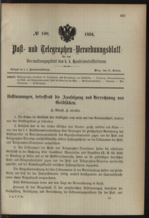 Post- und Telegraphen-Verordnungsblatt für das Verwaltungsgebiet des K.-K. Handelsministeriums 18941026 Seite: 1