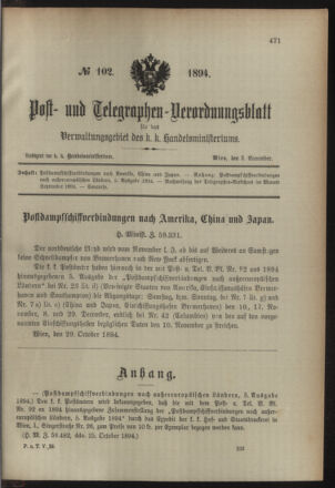 Post- und Telegraphen-Verordnungsblatt für das Verwaltungsgebiet des K.-K. Handelsministeriums 18941103 Seite: 1