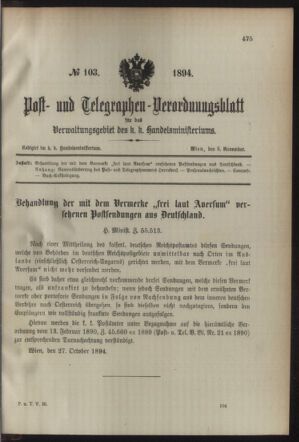 Post- und Telegraphen-Verordnungsblatt für das Verwaltungsgebiet des K.-K. Handelsministeriums 18941105 Seite: 1