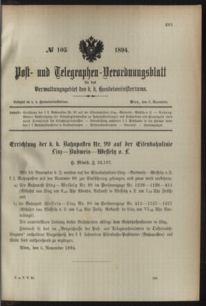 Post- und Telegraphen-Verordnungsblatt für das Verwaltungsgebiet des K.-K. Handelsministeriums 18941108 Seite: 1