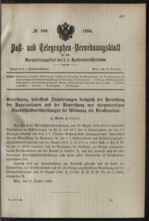 Post- und Telegraphen-Verordnungsblatt für das Verwaltungsgebiet des K.-K. Handelsministeriums 18941112 Seite: 1