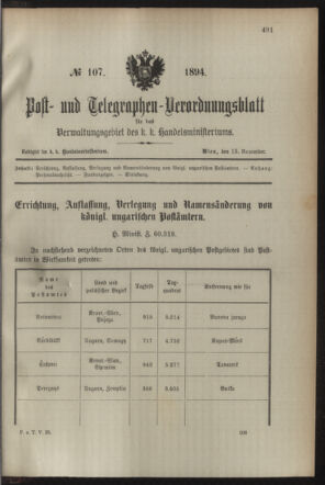 Post- und Telegraphen-Verordnungsblatt für das Verwaltungsgebiet des K.-K. Handelsministeriums 18941115 Seite: 1