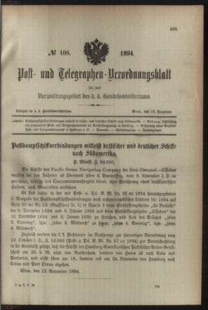 Post- und Telegraphen-Verordnungsblatt für das Verwaltungsgebiet des K.-K. Handelsministeriums 18941116 Seite: 1