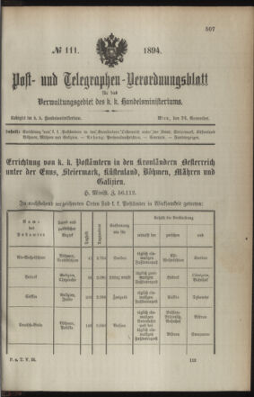 Post- und Telegraphen-Verordnungsblatt für das Verwaltungsgebiet des K.-K. Handelsministeriums 18941124 Seite: 1