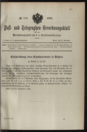 Post- und Telegraphen-Verordnungsblatt für das Verwaltungsgebiet des K.-K. Handelsministeriums 18941129 Seite: 1