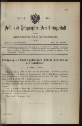 Post- und Telegraphen-Verordnungsblatt für das Verwaltungsgebiet des K.-K. Handelsministeriums 18941207 Seite: 1