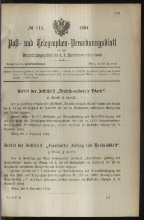 Post- und Telegraphen-Verordnungsblatt für das Verwaltungsgebiet des K.-K. Handelsministeriums 18941210 Seite: 1