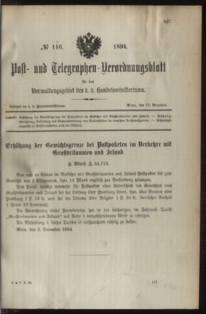 Post- und Telegraphen-Verordnungsblatt für das Verwaltungsgebiet des K.-K. Handelsministeriums 18941213 Seite: 1