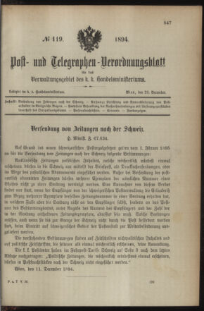 Post- und Telegraphen-Verordnungsblatt für das Verwaltungsgebiet des K.-K. Handelsministeriums 18941220 Seite: 1