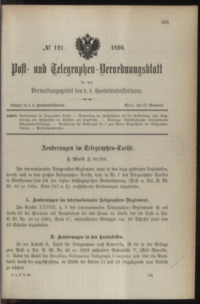 Post- und Telegraphen-Verordnungsblatt für das Verwaltungsgebiet des K.-K. Handelsministeriums 18941227 Seite: 1