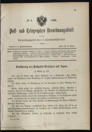 Post- und Telegraphen-Verordnungsblatt für das Verwaltungsgebiet des K.-K. Handelsministeriums 18950114 Seite: 1