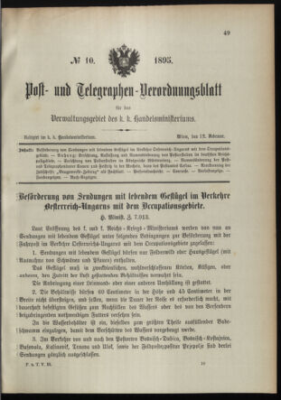 Post- und Telegraphen-Verordnungsblatt für das Verwaltungsgebiet des K.-K. Handelsministeriums 18950212 Seite: 1