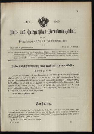 Post- und Telegraphen-Verordnungsblatt für das Verwaltungsgebiet des K.-K. Handelsministeriums 18950213 Seite: 1