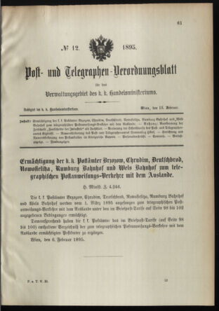 Post- und Telegraphen-Verordnungsblatt für das Verwaltungsgebiet des K.-K. Handelsministeriums 18950215 Seite: 1