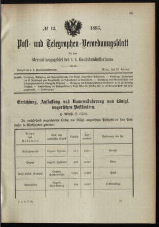 Post- und Telegraphen-Verordnungsblatt für das Verwaltungsgebiet des K.-K. Handelsministeriums 18950218 Seite: 1