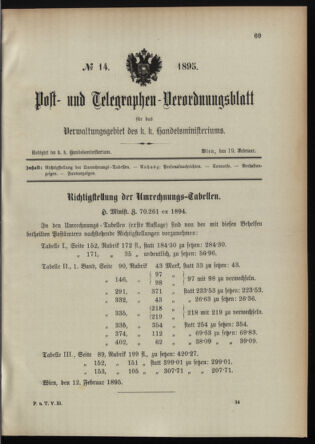 Post- und Telegraphen-Verordnungsblatt für das Verwaltungsgebiet des K.-K. Handelsministeriums 18950219 Seite: 1